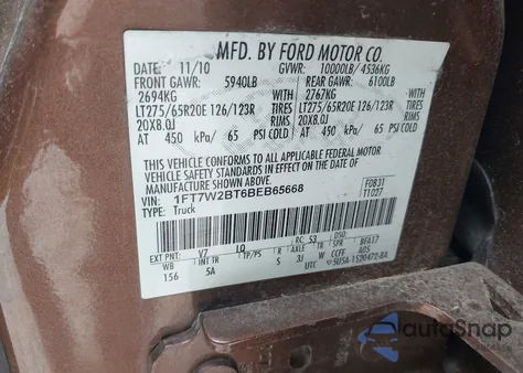 2011 Ford F-250 Lariat from USA, damaged, VIN 1FT7W2BT6BEB65668